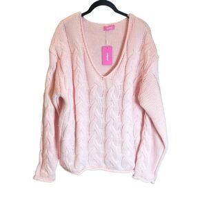 Edikted Light Pink Cable Knit V-Neck Oversized Sweater Chunky LT-PINK Size S NWT